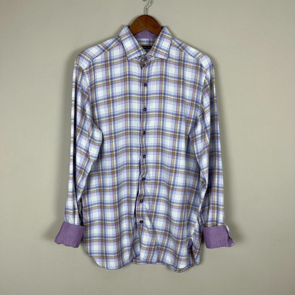 Hammer Made Dress Shirt Mens 41/16 Purple‎ White Plaid Check Cotton Button Up